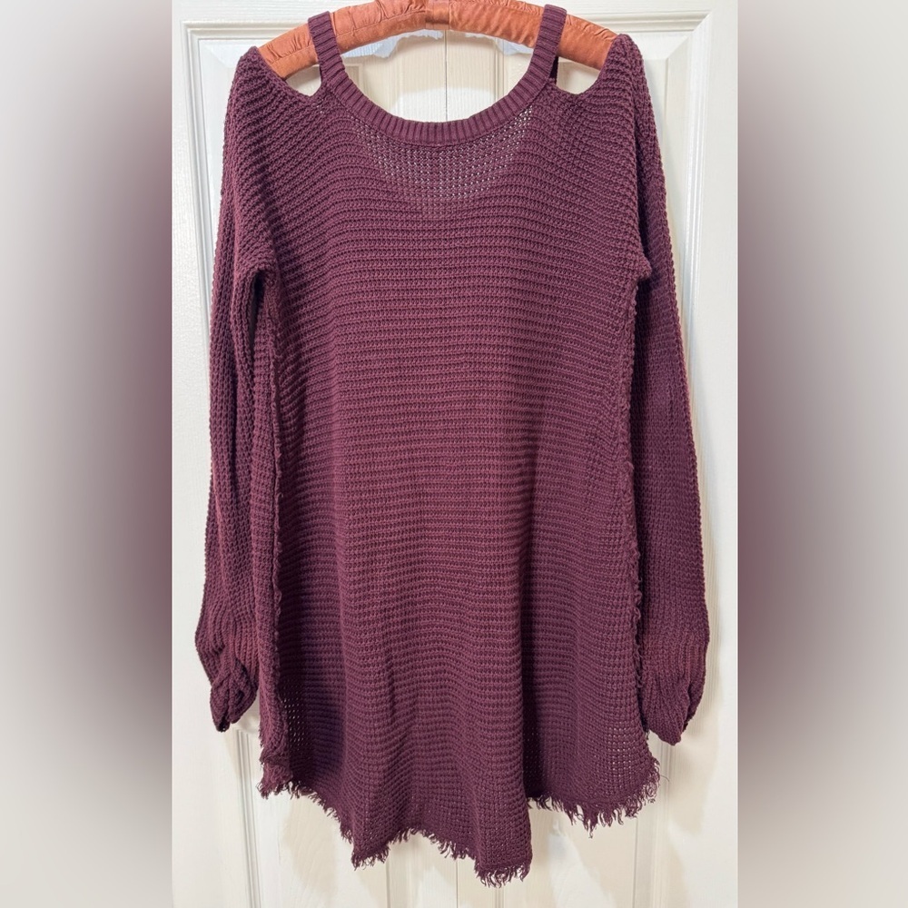 Free People Moonshine Cold Shoulder Waffle Knit Top Wine Oversized S